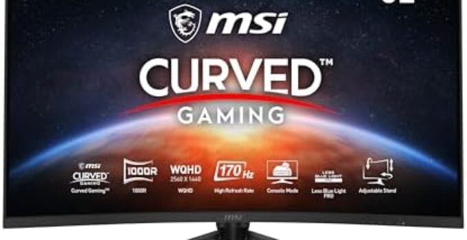 MSI G321CQP E2, 32″ Gaming Monitor, 2560 x 1440 (QHD) Curved Gaming Monitor, 1 ms, 170Hz, FreeSync Premium, 1000R, HDMI, DisplayPort, Tilt, Swivel, Pivot and Height Adjustable.