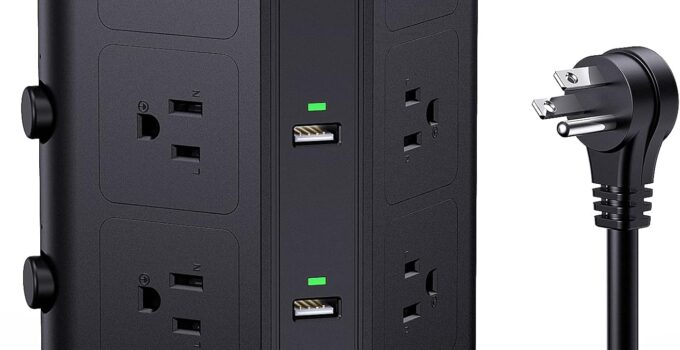 Power Strip Tower by KOOSLA, [15A 1500J] Surge Protector – 12 AC Multiple Outlets & 6 USB Ports, Flat Plug 14 AWG Heavy-Duty Extension Cord 6.5ft, Home Office Supplies, Dorm Room Essentials Black