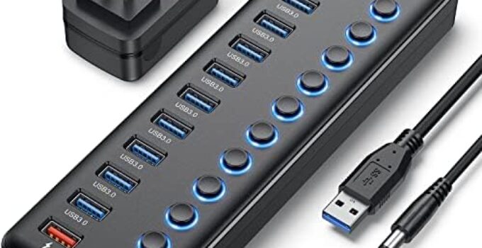 Powered USB Hub, Wenter 11-Port USB Splitter Hub (10 Faster Data Transfer Ports+ 1 Smart Charging Port) with Individual LED On/Off Switches, USB Hub 3.0 Powered with Power Adapter for Mac, PC