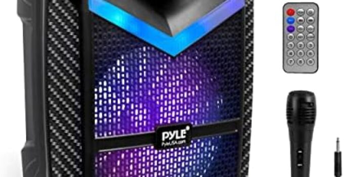 Pyle Portable Bluetooth PA Speaker System – 600W Rechargeable Outdoor Bluetooth Speaker Portable PA System w/ 10” Subwoofer 1” Tweeter, Recording Function, Mic In Party Lights USB/SD Radio -PPHP1042B
