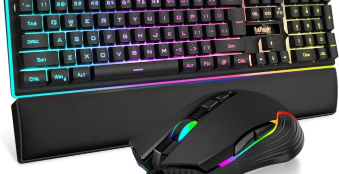 RedThunder K10 Wired Gaming Keyboard and Mouse and Wrist Rest Combo, RGB Backlit, Mechanical Feel Anti-ghosting Keyboard + 7D 7200 DPI Mice+Soft Leather Wrist Rest 3 in 1 PC Gamer Accessories(Black)