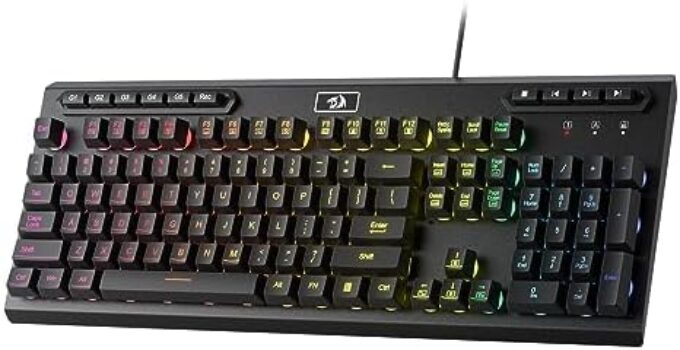 Redragon K513 RGB Membrane Gaming Keyboard, Standard 104 Keys Linear Mechanical-Feel Keyboard w/ 5 Extra On-Board Macro G Keys, Dedicated Media Control, Solid Metal Top Case
