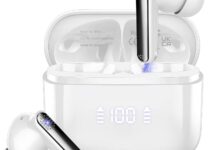 Wireless Earbuds, Bluetooth 5.3 Headphones Stereo Bass with Noise Cancelling Mic, 48Hrs Playtime in Ear Ear Buds with LED Power Display Charging Case, IPX7 Waterproof Earphones for Android iOS White