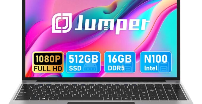 jumper Laptop, Laptops Computer with Intel N100 CPU(Up to 3.4GHz), 16GB DDR5 512GB SSD, 16″ FHD IPS Display, 1920×1200, Cooling System, 38WH Battery, 4 Stereo Speakers, Intel UHD Graphics, HDMI.