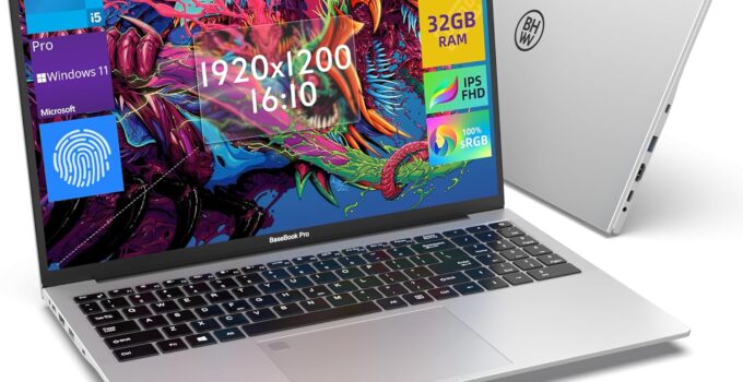 16 Inch Windows 11 Pro Laptop, 32GB RAM and 1TB SSD, Intel Core i5-1035G4, BaseBook Pro for Light Gaming and Production, 16:10,1200P IPS, 100% sRGB, LAN Port, Fingerprint, Silver