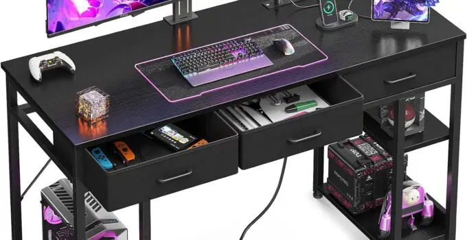 AODK 48 Inch Gaming Desk with Fabric Drawers & Power Outlets, Computer Desk with Storage Shelves & CPU Stand, Gamer Table, Writing Study Desk with Type-C & USB, Small Desk for Bedroom, Black