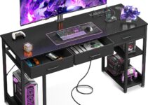 AODK 55 Inch Gaming Desk with Fabric Drawers & Power Outlets, Computer Desk with Storage Shelves & CPU Stand, Gamer Table, Study Desk with Type-C & USB, Writing Desk for Bedroom, Black