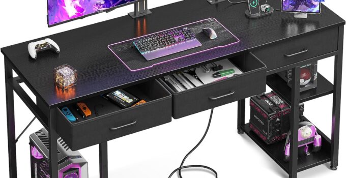 AODK 55 Inch Gaming Desk with Fabric Drawers & Power Outlets, Computer Desk with Storage Shelves & CPU Stand, Gamer Table, Study Desk with Type-C & USB, Writing Desk for Bedroom, Black