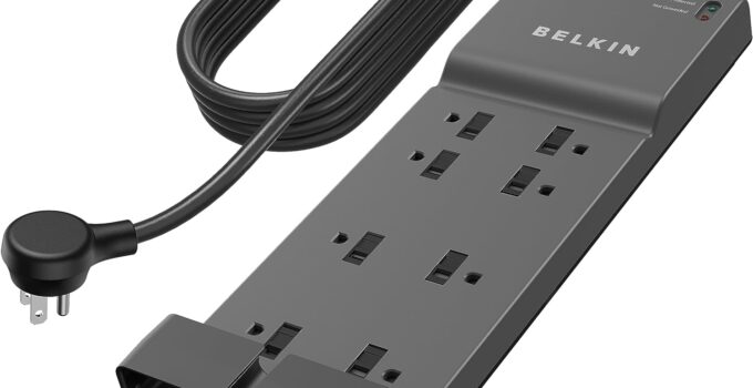 Belkin Surge Protector Power Strip, 8 AC Multiple Plug Outlet w/ 12ft Heavy-Duty Extension Cord, UL-listed Outlet Extender w/ Flat Plug for Home, Office, Computer Charging – 3,550 Joules of Protection