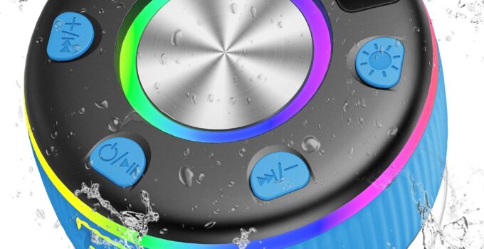 Bluetooth Shower Speaker, Portable Shower Speakers Wireless Bluetooth 5.3 with Time Display, Bluetooth Speakers with RGB Light Show, Suction Cup, IP7 Waterproof, 360° Stereo Sound, Handsfree, Blue