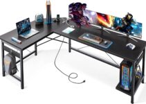 Coleshome 66″ L Shaped Gaming Desk with Outlet, L Shaped Desk with CPU Stand, Corner Computer Desk, Home Office Desk, Writing Desk, Black