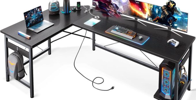Coleshome 66″ L Shaped Gaming Desk with Outlet, L Shaped Desk with CPU Stand, Corner Computer Desk, Home Office Desk, Writing Desk, Black
