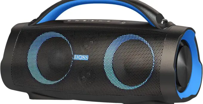 DOSS Extreme Boom+ Loud Bluetooth Speaker with 100W Stereo Sound, Extra Bass, 20H Playtime, Party-Sync Led Lights, Built-in Power Bank, IPX6 Waterproof Outdoor Speaker for Camping, Travel-Blue