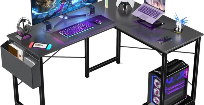 DUMOS L Shaped Computer Desk – Gaming Table Corner Desk 50 Inch PC Writing Desk Study Desks with Wooden Desktop CPU Stand Side Bag Reversible for Home Office Dorm Small Space, Black