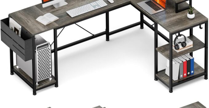 GIKPAL L Shaped Gaming Desk, Reversible Computer Desk with Movable Monitor, Storage Shelf, 95” Long Corner Desk for Home Office Work Study Writing Desk (Modern Grey)