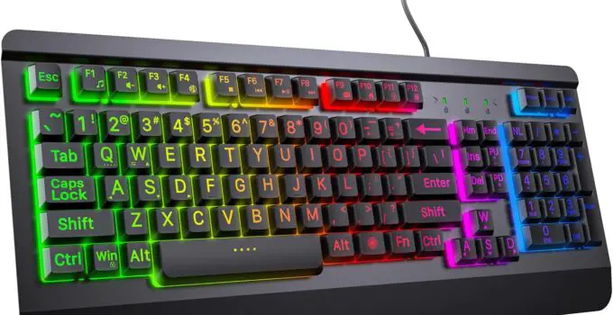 Gaming Keyboard with Large Print Keys,Light Up Keyboard with All-Metal Panel, Quiet Computer Keyboards with Rainbow Backlit,Wrist Rest,Anti-Ghosting,USB Wired Keyboard for PC Mac Xbox