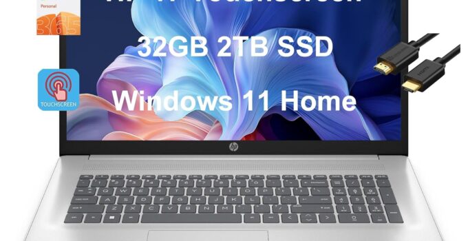 HP 17 Laptop (17.3″ HD+ Touchscreen, Intel Pentium N5030, 32GB RAM, 2TB SSD, UHD Graphics) Home & Business, 1-Year Office 365, Long Battery Life, Webcam, Numpad, IST HDMI, Win 11 Home, Silver