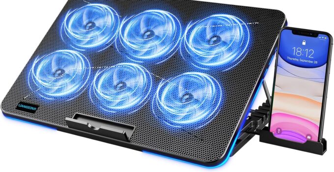 LIANGSTAR Laptop Cooling Pad, Laptop Cooler with 6 Quiet Fans for 12-17 Inch Notebook Gaming Fan Stable Stand, 7 Height & Wind Speed Adjustable, Blue LED Light can Turned Off，2 USB Port & Phone Holder