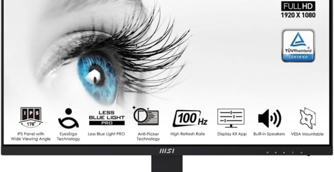 MSI Pro MP273A, 27″ Monitor, 1920 x 1080 (FHD), IPS, 100Hz, TUV Certified Eyesight Protection, 4ms, Displayport, HDMI, Tilt, Black