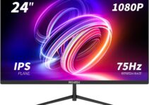 ReHisk 24 Inch FHD 1080P IPS Gaming Monitor with 75Hz, 3000:1 Contrast Ratio, 100% sRGB, VESA Compatible, Tilt Adjustable, AMD FreeSync, VGA/HDMI/PC Audio Ports, Built-in Speakers