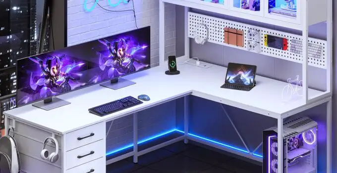 SEDETA L Shaped Gaming Desk with Drawers, L Shaped Computer Desk with Hutch and Storage Shelves, Gaming Desk with Pegboard, Led Lights, and Power Outlet, Home Office Desk, Corner Desk, White