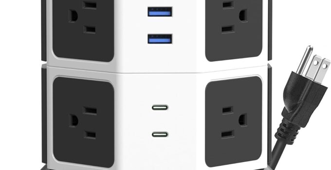 Tower Surge Protector Power Strip, JACKYLED Extension Cord with Multiple Outlets, 8 Outlets 4 USB Ports(2 USB C) 1625W/13A Retractable Cord Charging Station with 1050J Protection, Home Office Supplies
