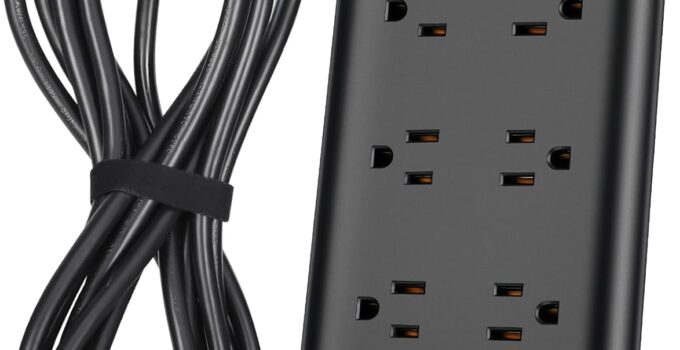 12 FT Surge Protector Power Strip, 8 Outlet Extender with 3 USB Charging Ports, 12 Foot Extra Long Extender Cord, 15 Amp Circuit Breaker, 1050 High Joules, Flat Plug, Wall Mount, Black