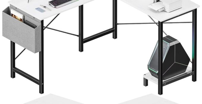 Sweetcrispy L Shaped Desk Gaming Computer 50 Inch Reversible Corner White Table PC Work Table for Writing Study Student with Wood Tabletop Metal Frame CPU Stand Side Bag for Home Office Small Place