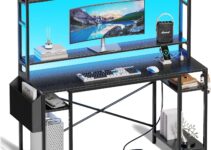 55 inch Computer Desk with Adjustable Shelves, Gaming Desk with LED Lights & Power Outlets, Home Office Desk with Monitor Stand, Hooks & CPU Stand, Black