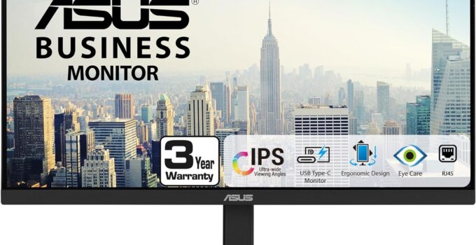 ASUS 27” 1080P Docking Monitor (VA27ECPSN) – Full HD, IPS, 75Hz, Adaptive-Sync, Speakers, Eye Care, Low Blue Light, Flicker Free, RJ45, USB-C, DisplayPort, HDMI, Height Adjustment, VESA Wall Mountable