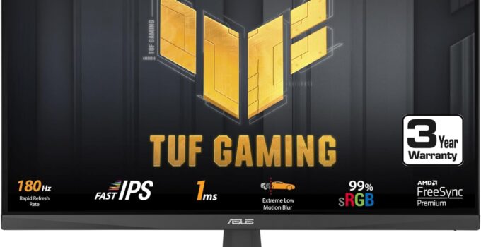 ASUS TUF Gaming 24” (23.8 inch viewable) 1080P Monitor (VG249Q3A) – Full HD, 180Hz, 1ms, Fast IPS, Extreme Low Motion Blur, FreeSync Premium, Speakers, DisplayPort, HDMI, Variable Overdrive, 99% sRGB