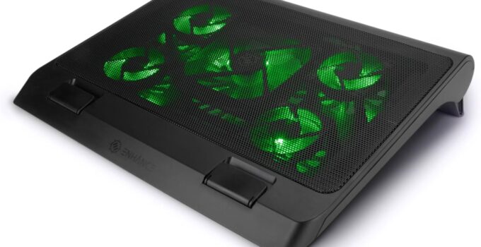 ENHANCE Gaming Laptop Cooling Pad Stand with LED Cooler Fans, Adjustable Height, & Dual USB Port for 17 inch Laptops – 5 Ultra Quiet High Performance Fans 2630 RPM & Built-in Bumpers – Green