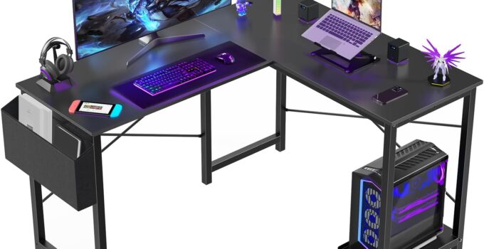 Sweetcrispy L Shaped Computer Desk – Gaming Table Corner Desk 50 Inch PC Writing Black Desk Study Desks with Wooden Desktop CPU Stand Side Bag Reversible for Home Office Dorm Small Space