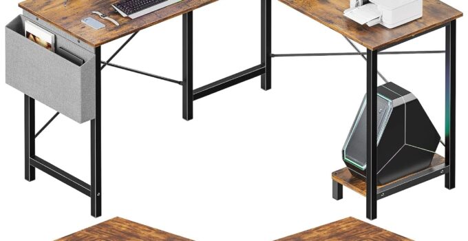 Sweetcrispy L Shaped Desk Gaming Computer 50 Inch Reversible Corner Table PC Work Table for Writing Study Student with Wood Tabletop Metal Frame CPU Stand Side Bag for Home Office Small Place, Rustic