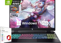 acer Nitro 16 Gaming Laptop, 16″ WUXGA IPS 165Hz, AMD 8-Core Ryzen 7 7840HS, GeForce RTX 4060 GPU, 16GB LPDDR5 RAM, 512GB SSD, WiFi 6E, RGB Backlit KB, Win11 Pro & Microsoft Office Lifetime License