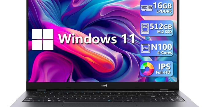 15.6″ Laptop 16GB RAM 512GB M.2 SSD, Intel N100 Quad Core Processor (up to 3.4GHz), Windows 11 Pro Notebook Computer with 1080P FHD IPS Display, 2 x Type-C, 3 x USB, BT5.2, Wi-Fi6, RJ45