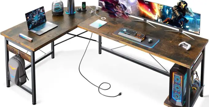 Coleshome 66″ L Shaped Gaming Desk with Outlet, L Shaped Desk with CPU Stand, Corner Computer Desk, Home Office Desk, Writing Desk, Vintage