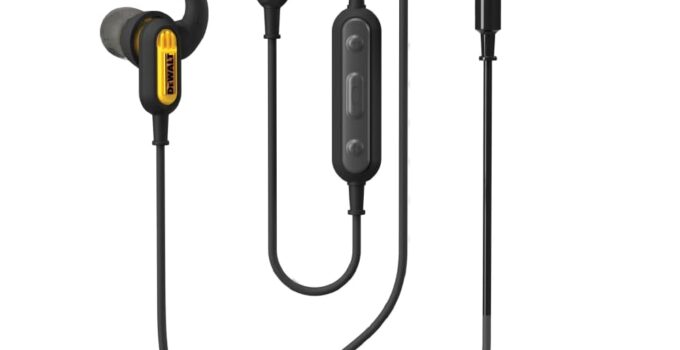 DEWALT Wired Earphones with Microphone — Jobsite Earbuds Wired 3.5mm — Water-Resistant Wired Earbuds with Mic — Wired Headphones for Outdoor Work