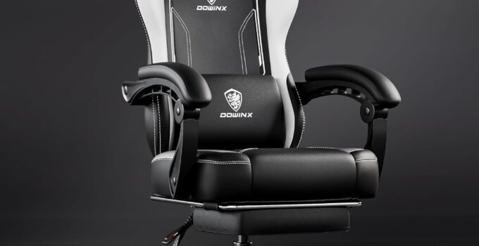 Dowinx Gaming Chair with Pocket Spring Cushion for Adults, Ergonomic Computer Chair with Footrest and Massage Lumbar Support, High Back Leather Game Chair for Office, Gaming, 300LBS, White