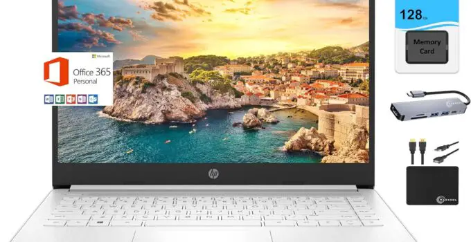 HP Newest 14″ HD Light Thin Laptop Student Business, Quad-Core Intel N4120, 8GB RAM, 192GB (64GB eMMC+ 128GB SD), Webcam, Wi-Fi, Long Battery, Windows 11S + 1 Year Office 365, White+MarxsolAccessory