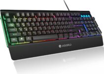 KOORUI Wired Gaming Keyboard with Wrist Care,Advanced Metal Panels with LED Backlit,104Keys Full Size USB Membrane Keyboard for Comfortable Typing Experience, Anti-ghosting Keys,PC Keyboard
