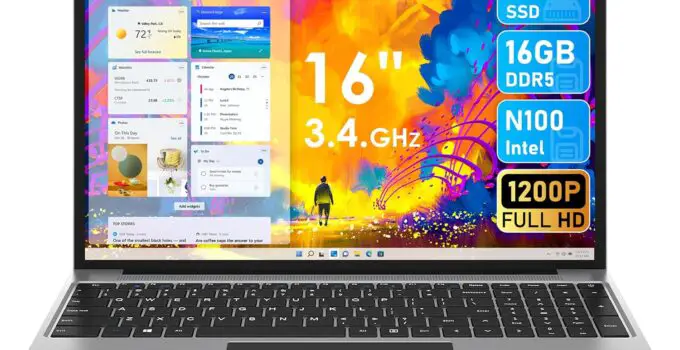 Laptop 16 Inch, 16GB DDR5 512GB SSD, Quad Core N100 CPU(Up to 3.4GHz), FHD IPS 1920×1200 Display, Notebook Computer with 2.4G+5G WiFi, BT4.0, 38WH Battry, Cooling System, Numeric Keypad, 4 Speakers.
