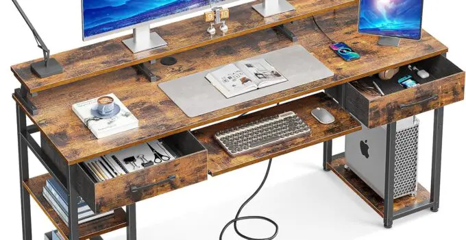 ODK 63 inch Large Computer Office Desk with USB Charging Port and Keyboard Tray, Writing Desk with 2 Drawers and Monitor CPU Stand and Removable Shelf, Vintage