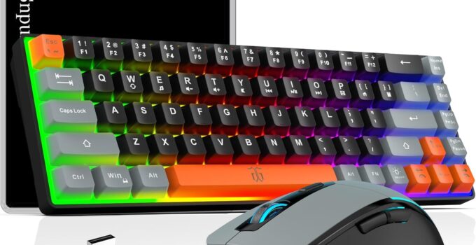 Snpurdiri 60% Wireless Gaming Keyboard and Mouse Combo,Rainbow Backlit Rechargeable 2000mAh Battery,Mini Mechanical Feel Keyboard + Popular RGB Mice for Gaming,Business Office(Gray&Black&Orange)