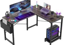Sweetcrispy L Shaped Desk Gaming Computer 50 Inch Reversible Corner Table PC Work Table for Writing Study Student with Wood Tabletop Metal Frame CPU Stand Side Bag for Home Office Small Place, Grey
