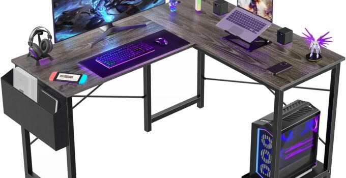 Sweetcrispy L Shaped Desk Gaming Computer 50 Inch Reversible Corner Table PC Work Table for Writing Study Student with Wood Tabletop Metal Frame CPU Stand Side Bag for Home Office Small Place, Grey