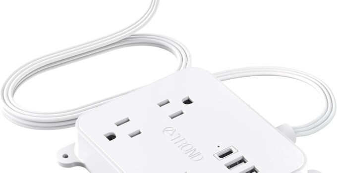 TROND Flat Plug Power Strip, 5FT Ultra Thin Flat Extension Cord, 3 Widely Spaced AC Outlets, 3 USB Charger(1 USB C Port), Wall Mount Power Strip, Compact for Home Office Dorm Room Essentials