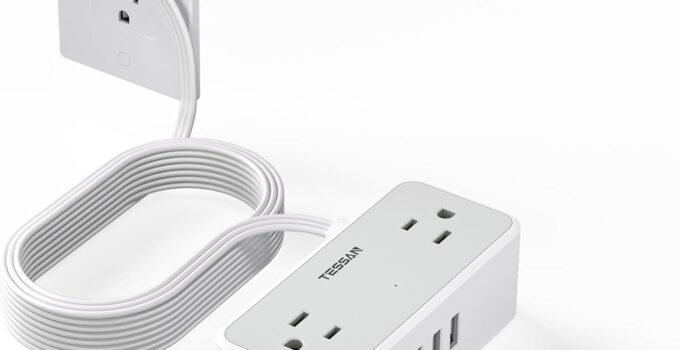 Ultra Thin Flat Plug Extension Cord 15 FT, TESSAN Surge Protector Power Strip with 4 AC Outlets 3 USB Ports, 900 Joules Protection, Multi Plug Charging Station for Home Office Dorm Room Essentials